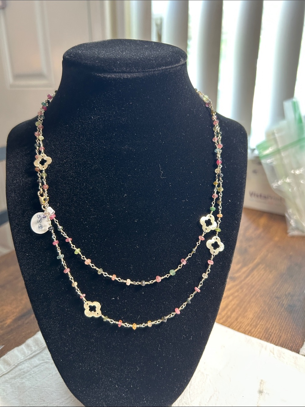 Delicate tourmaline necklace. Gold over sterling silver. 36 inches long
